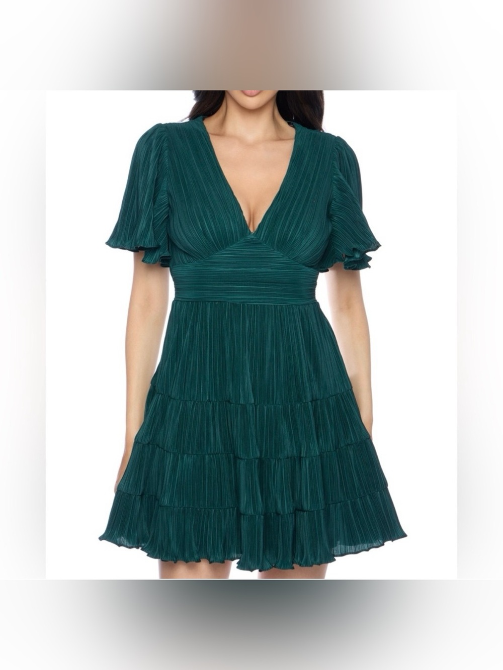 B Darlin Hunter Green Ruffle Sleeve Tiered Mini Dress Wedding Guest Size 7/8